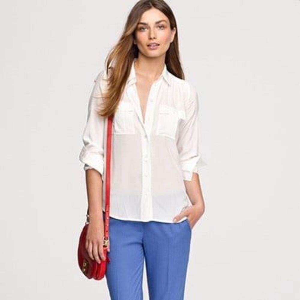 J Crew White Long Sleeve Button Down 100% Silk Blouse White/Ivory Sz 8